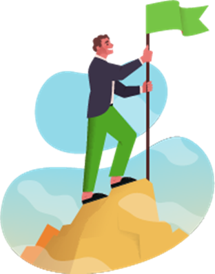 Man planting a flag on a mountain top, symbolizing strategy.